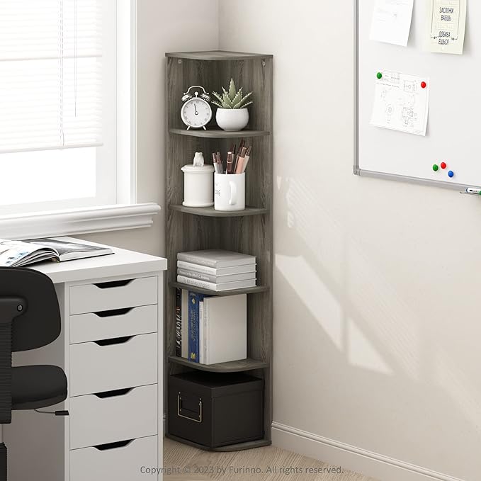 Furinno PASIR Book Shelf, 5-Tier Corner Bookshelf with Open Shelf, Standing Bookcase, 9.3 x 12 x 51.7, for Organization and Storage, for Living Room, Bedroom, Home Office, French Oak - Image 2