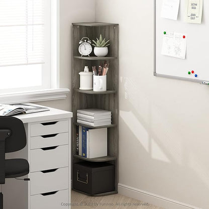 Furinno PASIR Book Shelf, 5-Tier Corner Bookshelf with Open Shelf, Standing Bookcase, 9.3 x 12 x 51.7, for Organization and Storage, for Living Room, Bedroom, Home Office, French Oak - Image 2