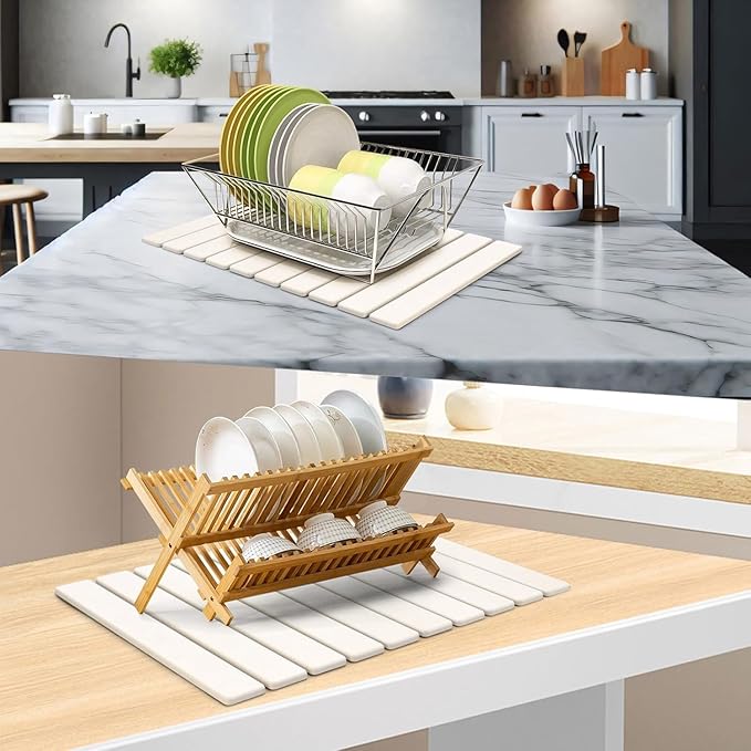 2 PCS Large Stone Dish Drying Mat for Kitchen Counter, 24"×16" Dish Drying Mat with 8"x 4" Coasters, Non - Slip Collapsible Absorbent Mat for Multi - Purpose, Match Any Countertop【White】 - Image 6