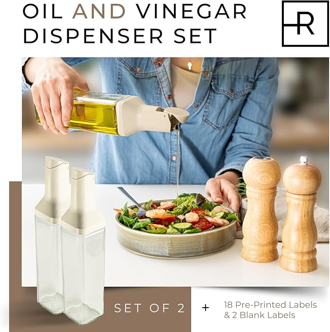 Oil Dispenser Bottle – Set of 2 12oz/350ml Oil and Vinegar Dispenser - Drip-Free Spout Glass Oil Dispenser – Kitchen Oil Dispenser with Automatic Pouring Lid - Olive Oil Bottle for Cooking