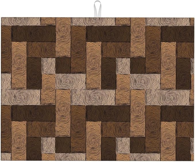 Brown Beige Dish Drying Mat Parquet Pattern Wooden Style Drying Rack Pad Countertop Dishes Ultra Absorbent Microfiber Kitchen Counter Mat 18x24 Inch