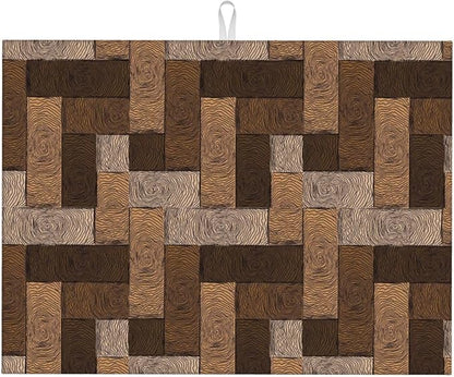 Brown Beige Dish Drying Mat Parquet Pattern Wooden Style Drying Rack Pad Countertop Dishes Ultra Absorbent Microfiber Kitchen Counter Mat 18x24 Inch