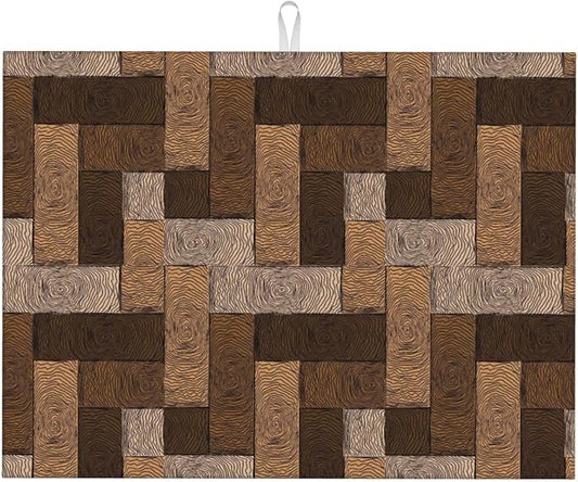 Brown Beige Dish Drying Mat Parquet Pattern Wooden Style Drying Rack Pad Countertop Dishes Ultra Absorbent Microfiber Kitchen Counter Mat 18x24 Inch