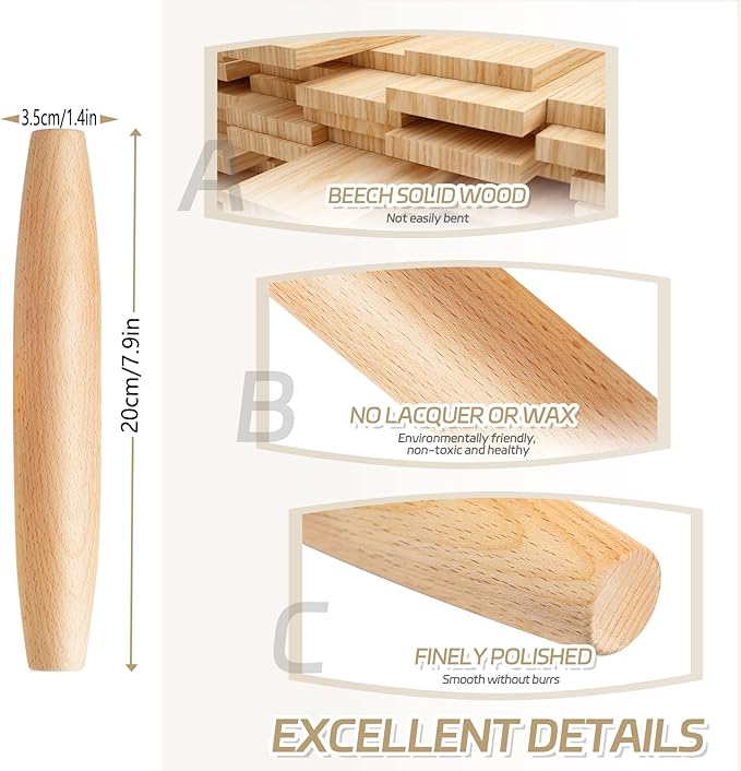 French Rolling Pin for Baking - Tuyotue 7.9 Inches Beech Wood Tapered Rolling Pin Dough Roller for Pizza Dough, Pie Crust Cookie Fondant Dumpling - Image 2