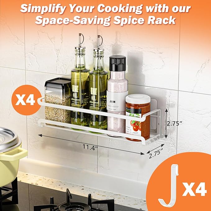 Bunoxea Spice Rack wall mounted 4 Pack, Space-Saving Spice Organizer for Spice Jars and Seasonings,Screw or Adhesive Hanging Spice Rack Organizer for Your Kitchen Cabinet,or Pantry Door,White - Image 7