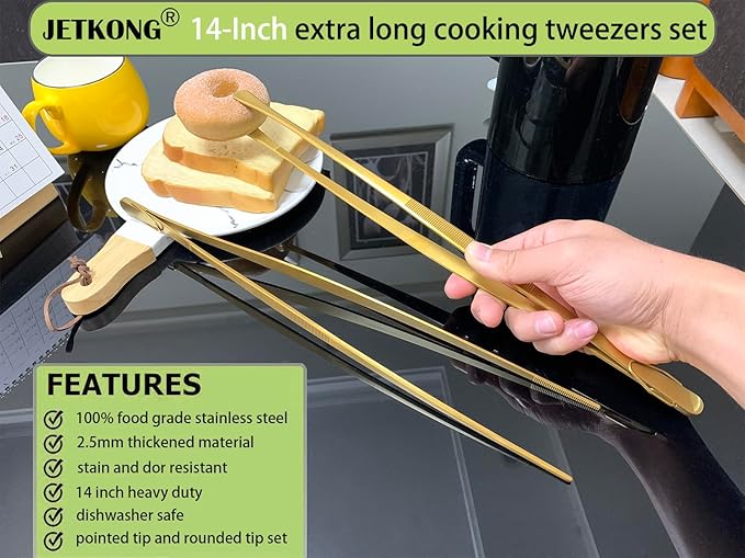 JETKONG 2 Pcs 14-Inch Cooking Tweezers Extra Long Stainless Steel Food Tweezers Kitchen Tweezer Tongs (Gold) - Image 3