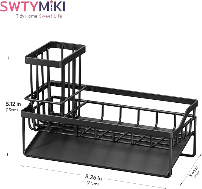 SWTYMIKI Sink Caddy Sponge Holder - Kitchen Sink Organizer with Stainless Steel Self Drain Tray & High Brush Holder for Countertop to Hold Dish Soaps and Sponges, Stainless Steel, Black - Image 7