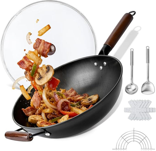 Carbon Steel Wok - 13" Woks & Stir-Fry Pans Nonstick, Wok with Lid, Fast Heat Conduction, Uniform Heat Conduction Flat Bottom Woks, Professional Chef Cookware by Colourcoco