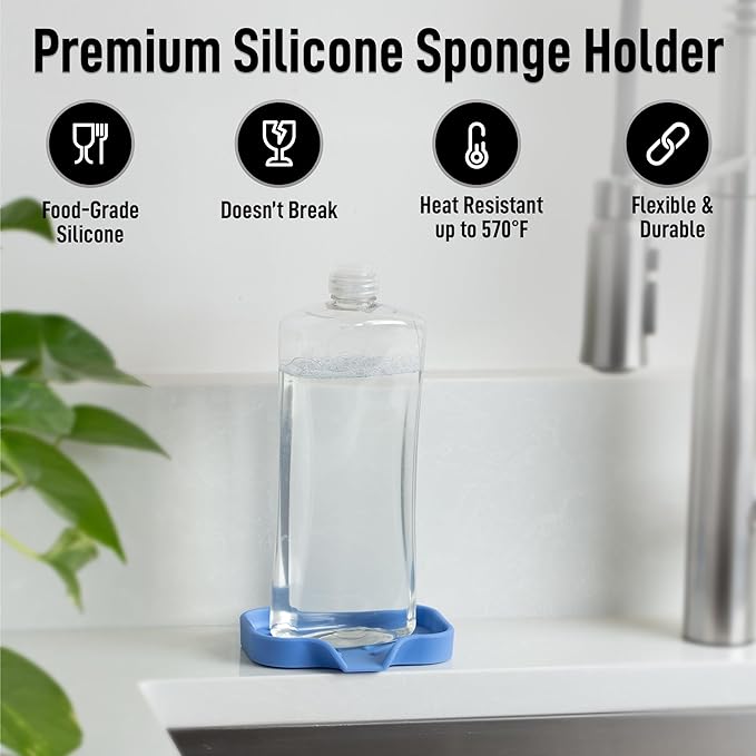Zulay Kitchen Small Silicone Sponge Holder (4.9x3.3”) – Space-Saving Sink Organizer Tray for Sponge, Soap, Brush & More – Compact Non-Slip Dish for Kitchen & Bathroom (Provence Blue) - Image 2