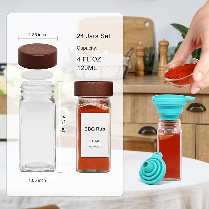 30 Pcs Spice Jars, 4oz Seasoning Containers with Acacia Wood Shaker Lids, Glass Spice Bottles with Labels, Square Seasoning Organizer, Kitchen Spice Container - Image 2