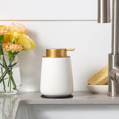 Enra Foaming Soap Dispenser,12 oz Beige Ceramic Modern Foam Hand Soap Dispenser for Bathroom,Kitchen with Easy-to-Press Pump (White Foam Gold Pump)