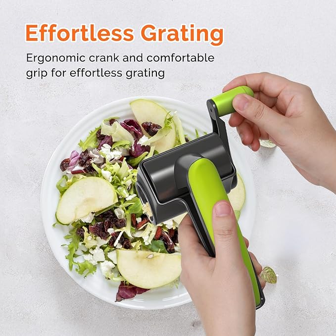 UHIYEE Patented Rotary Parmesan Cheese Grater, Hand Crank Cheese Shredder with Fine & Coarse Drums, Restaurant Quality, White, Stainless Steel & ABS, Dishwasher Safe, Gray Green - Image 4