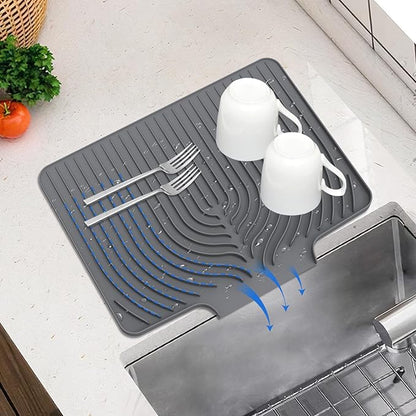 Dish Drying Mat for Kitchen Counter, with Built-in Drain Wide Lip, Food-Grade Silicone, Easy Clean Pad for Countertop Protection, Multi-Functional Use (18×12 Wide Lip, Grey) by JACZZO