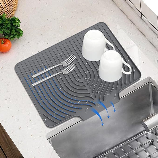 Dish Drying Mat for Kitchen Counter, with Built-in Drain Wide Lip, Food-Grade Silicone, Easy Clean Pad for Countertop Protection, Multi-Functional Use (18×12 Wide Lip, Grey) by JACZZO