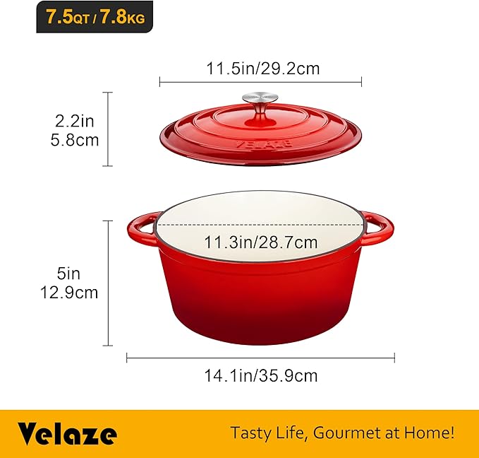Velaze 7.5 QT Dutch Oven Pot with Lid, Enameled Cast Iron Dutch Oven with Dual Handles for Sourdough Bread Baking, Cooking, Non-stick Enamel Coated Cookware (RED) - Image 2