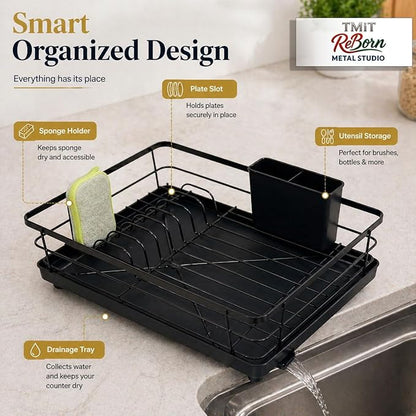 Metal Dish Drying Rack for Kitchen Counter, Black, Sink Organizer with Cutlery Holder, Kitchen Storage and Organization Essentials, 11.8 x 15.7 Inch