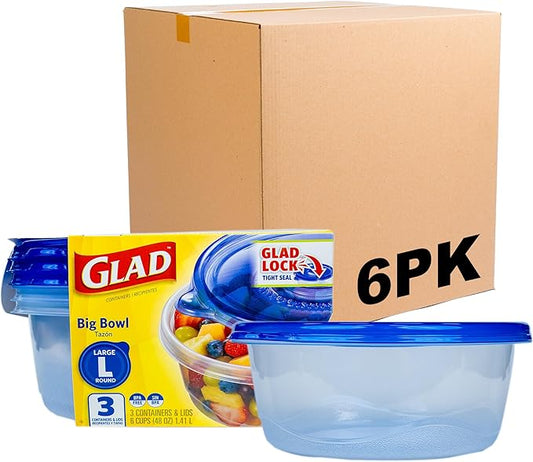 Glad GladWare Big Bowl Food Storage Containers with Lids, Large Round BPA Free Plastic Containers for Soups, Salads, and Meal Prep, Lock Tight Seal, Microwave Dishwasher Safe, 48 Oz, 3 Count - 6 Pack by GladTrashFoodStorage