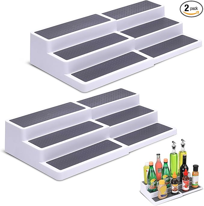 CiWiVOKi 3-Tier Expandable Spice Rack, Plastic Spice Rack Organizer for Cabinet, Adjustable Length, Non-Skid Spice Shelf Organizer for Kitchen Cabinet, Countertop or Pantry, 2 Pack, White/Grey by CiWiVOKi