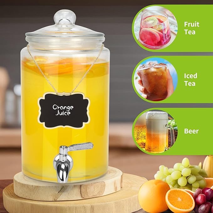 1 Gallon Beverage Dispenser 2 Pack, Stainless Steel Spigot Drink Dispenser for Parties with Stand, Clear Glass Drink Container Easy to Refill and Clean