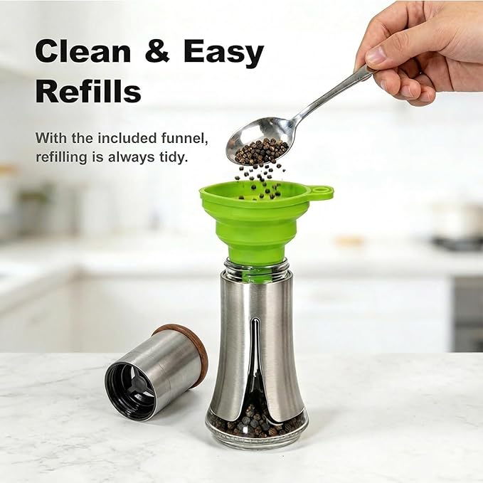 Aelga Salt and Pepper Grinder Set Manual - 4oz Stainless Steel Pepper Mill with 5-Level Adjustable Coarseness, Refillable Glass Salt Grinder with Wood Lid, Silicone Funnel, Modern Kitchen Gift Set - Image 3