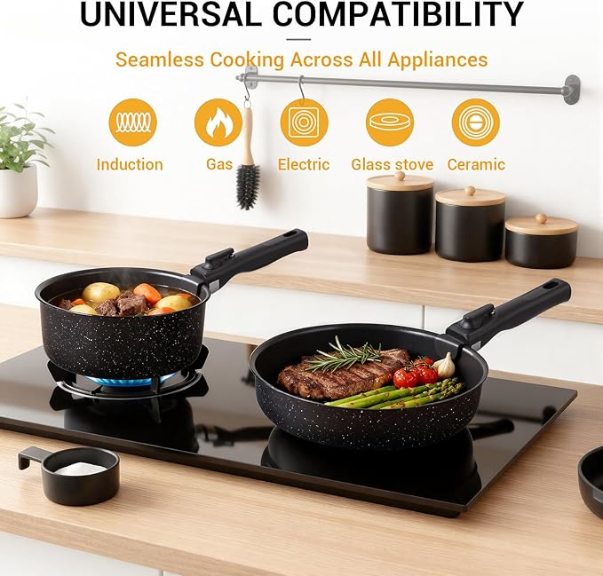 Ammeloo 21 Pcs Pots and Pans Set Non Stick with Detachable Handle & Grill Pan, Induction Ceramic Cookware Set, Non Toxic Kitchen Pots and Pans Set for RVs,Camping, Oven/Dishwasher Safe, Black - Image 6