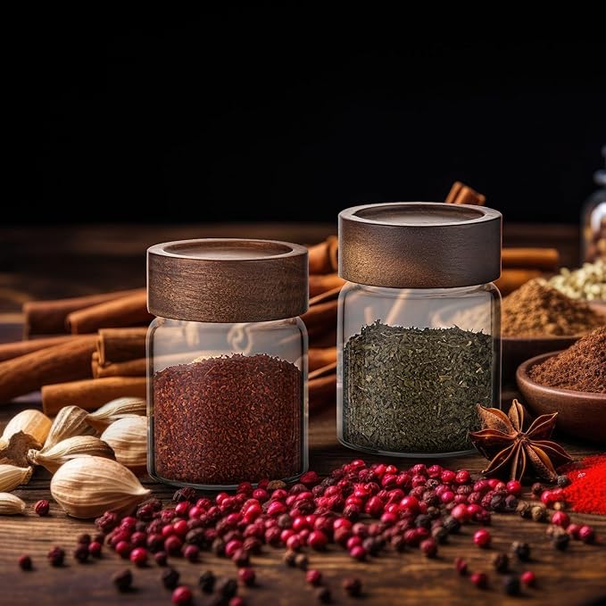 6 pc Glass Spice jars Glass Jars with Screw Lid 5 oz Acacia Wood Glass Herb Sugar Coffee Bean Ground Container Food Storage Canister for Candy Pantry Tea Seasoning Meal Prep Snack (6*150ml(5oz)) - Image 7