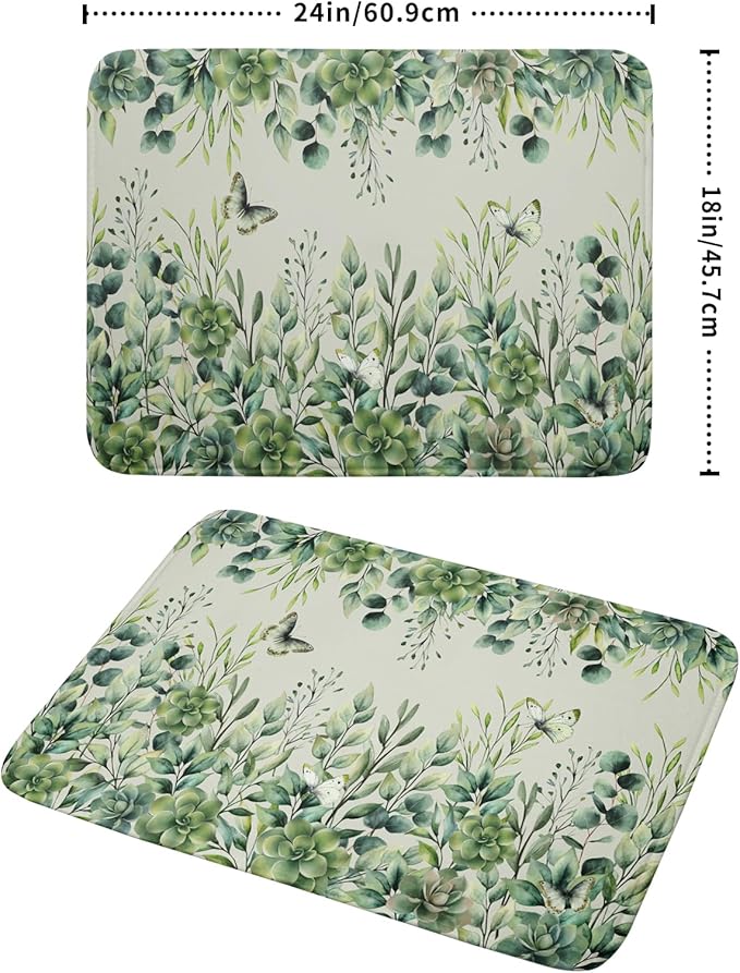 Giwawa Spring Summer Leaf Dish Drying Mat for Countertop, 18"x24" Eucalyptus Leaves Butterfly Dish Drainer Mats, Sage Green Fast Dry Microfiber Large Dish Drying Pad Decoration