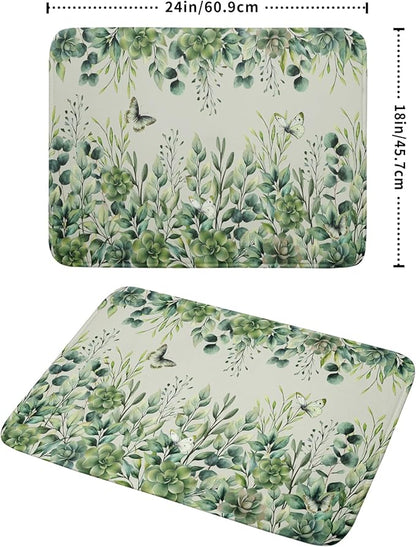 Giwawa Spring Summer Leaf Dish Drying Mat for Countertop, 18"x24" Eucalyptus Leaves Butterfly Dish Drainer Mats, Sage Green Fast Dry Microfiber Large Dish Drying Pad Decoration