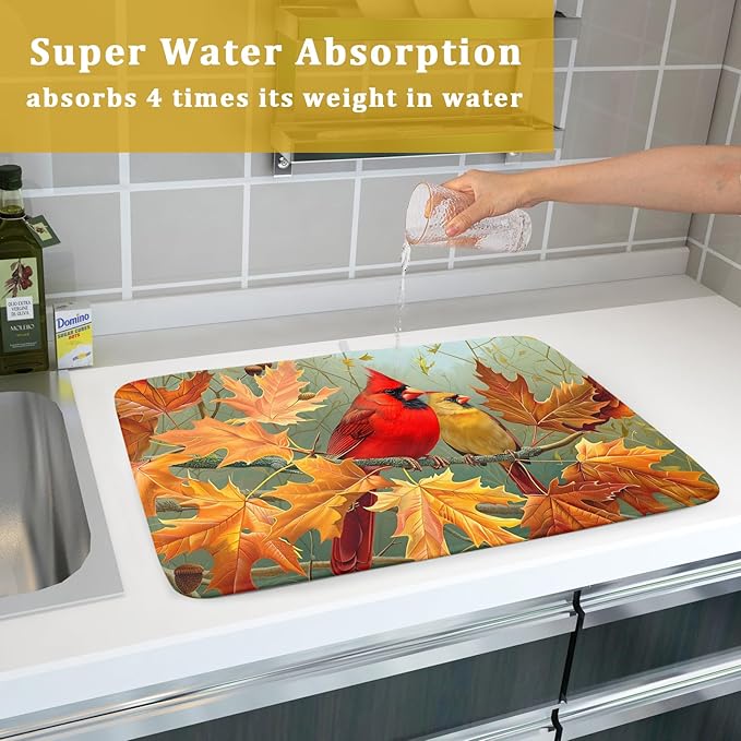 Giwawa Fall Birds Dish Drying Mat 18x24 Inch Autumn Maple Leaf Tree Dish Drainer Mats Thanksgiving Decorative Microfiber Reversible Dish Drying Rack Pad Large for Kitchen Countertop Tabletop