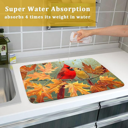 Giwawa Fall Birds Dish Drying Mat 18x24 Inch Autumn Maple Leaf Tree Dish Drainer Mats Thanksgiving Decorative Microfiber Reversible Dish Drying Rack Pad Large for Kitchen Countertop Tabletop
