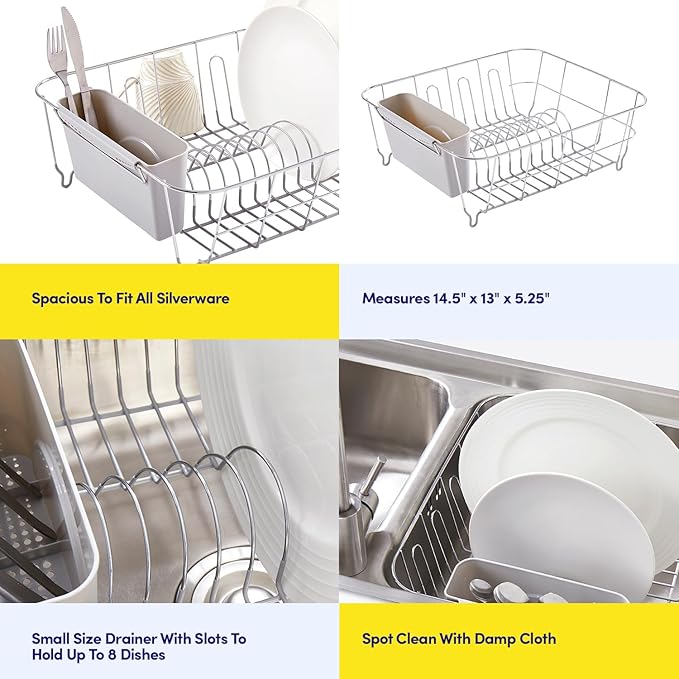 Dish Drying Rack & Cutlery Holder 2 Piece Set - Compact Sink-Fitting Dish Drainer with Rubberized Undercoating, Space-Saving Kitchen Organizer for Plates, Cups, Bowls & Utensils in Sink, Silver - Image 6
