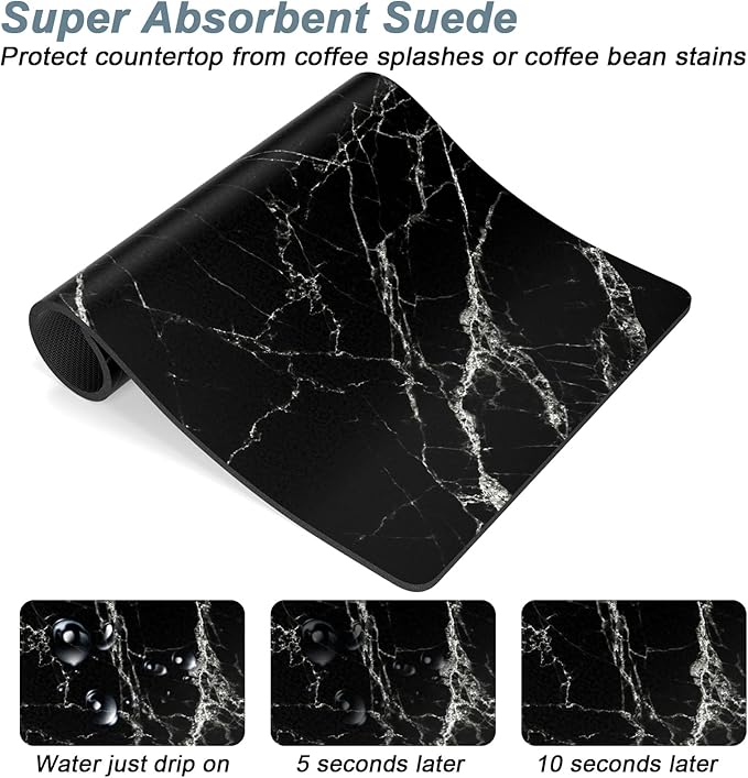 Rnivvi Coffee Mat, 12" x 19" Cute Marble Style Coffee Bar Mats for Espresso Machine Station Accessories and Organizer, Hide Stain Rubber Backed Absorbent Dish Drying Pad for Kitchen Counter, Black - Image 3
