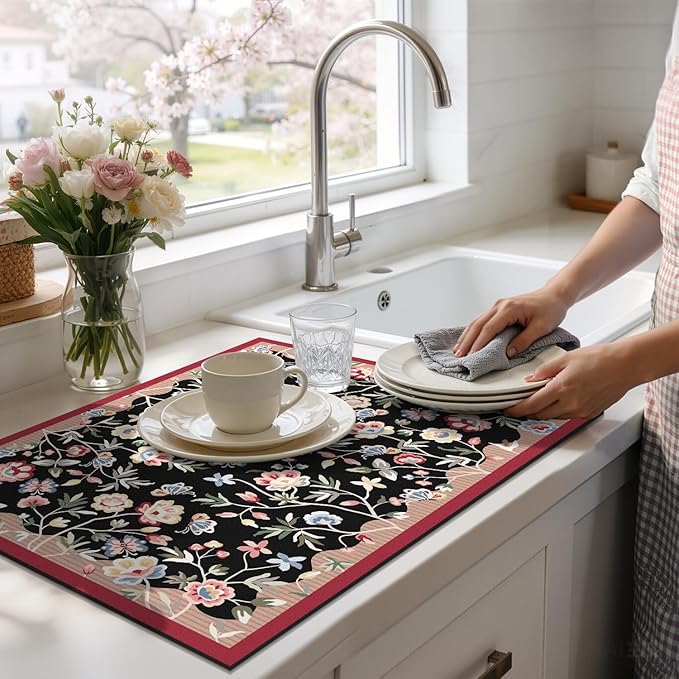 LOKHOM Floral Dish Drying Mat, 18"x24" Super Absorbent Non-slip Bordered Coffee Mat with Oil Painting Black Floral, Cuttable Hide Stain Drying Mat for Kitchen Counter Coffee Maker Espresso Machine - Image 8