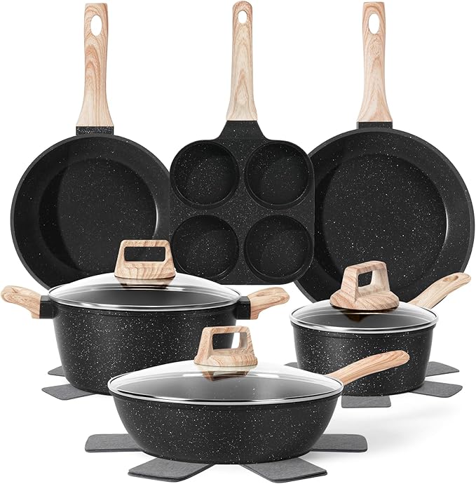 13 Pcs Pots and Pans Set, Nonstick Cookware Sets Black Granite Induction Cookware, Non-toxic Healthy Non stick Kitchen Cooking Set with Frying Pans Set, Saucepans (PFAS/PFOA/PFOS Free) by SODAY