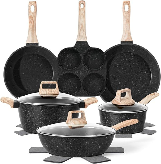 13 Pcs Pots and Pans Set, Nonstick Cookware Sets Black Granite Induction Cookware, Non-toxic Healthy Non stick Kitchen Cooking Set with Frying Pans Set, Saucepans (PFAS/PFOA/PFOS Free) by SODAY