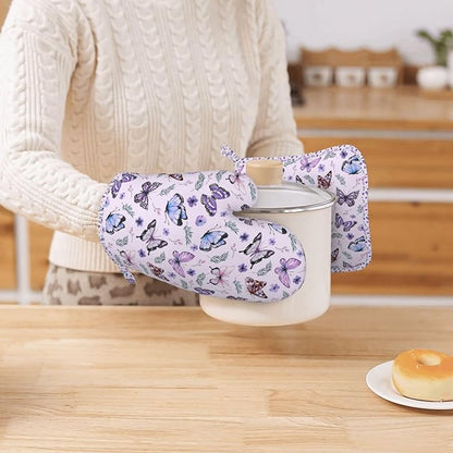 Butterflies Oven Mitts and Pot Holders Set, Cute Kitchen Accessories Heat Resistant to 500°F, Non-Slip Silicone Grips for Baking, Cooking, Grilling, BBQ - Gift Idea