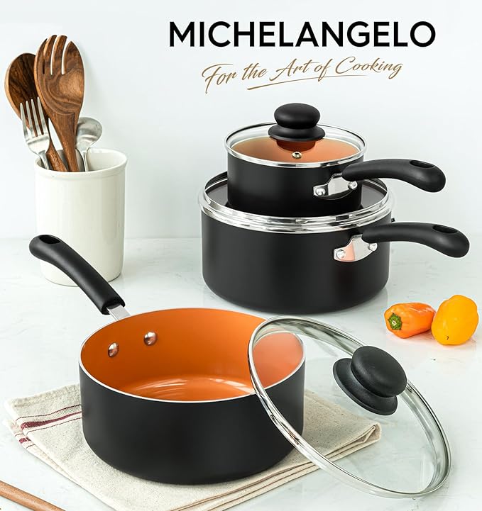 MICHELANGELO Nonstick Sauce Pan with Lid 1QT, 2QT & 3QT, Ceramic Saucepan Set, Copper Sauce pans, Non-Toxic Saucepan, Multipurpose Cooking Pots Set For Home Kitchen, Compatible induction - Image 7