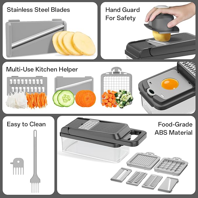 HomeHacks Vegetable Chopper Vegetable Cutter, 12 in 1 Kitchen Gadget, Dicer, Slicer, Onion Cutter, Salad, Cheese Grater & Egg Separator - Multi-Functional Veggie Chopper Lid with Handle (Grey) - Image 5