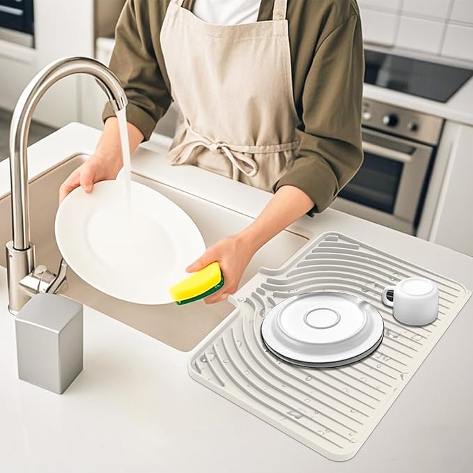 Dish Drying Mat for Kitchen Counter, with Built-in Drain Lip, Food-Grade Silicone, Easy Clean Pad for Countertop Protection, Multi-Functional Use (18x11.8, Beige) - Image 5