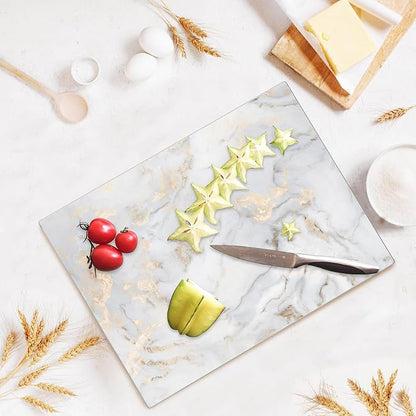 JAMBALAY Tempered Glass Cutting Board for Kitchen, 16"x12" Gold Glass Cutting Board with Design, Marble Chopping Board with Non Slip Feet, Heat & Scratch Resistant, Dishwasher Safe
