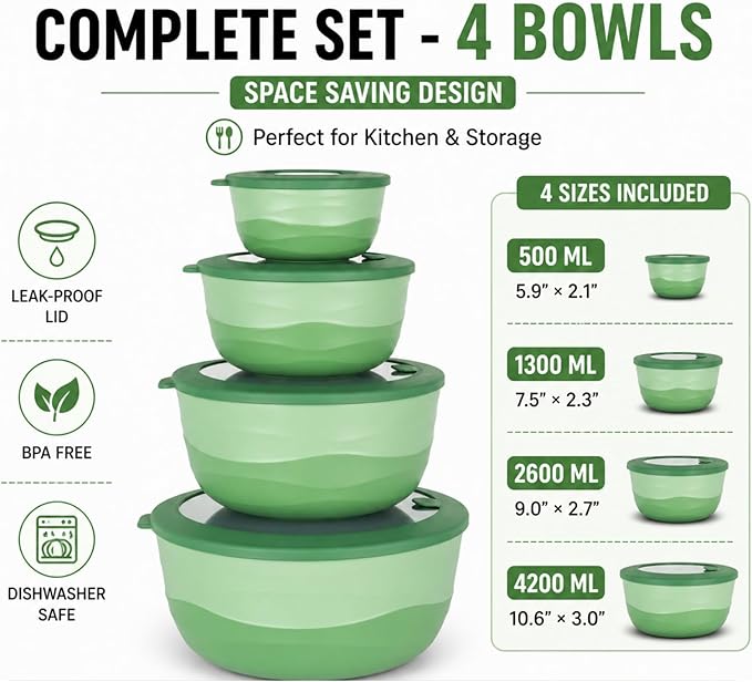 Pera Mixing Bowls with Lids Set, 8 Piece (4 Bowls + 4 Airtight Lids), BPA Free Nesting Kitchen Bowl Set for Mixing & Food Storage, Microwave & Dishwasher Safe (Green)