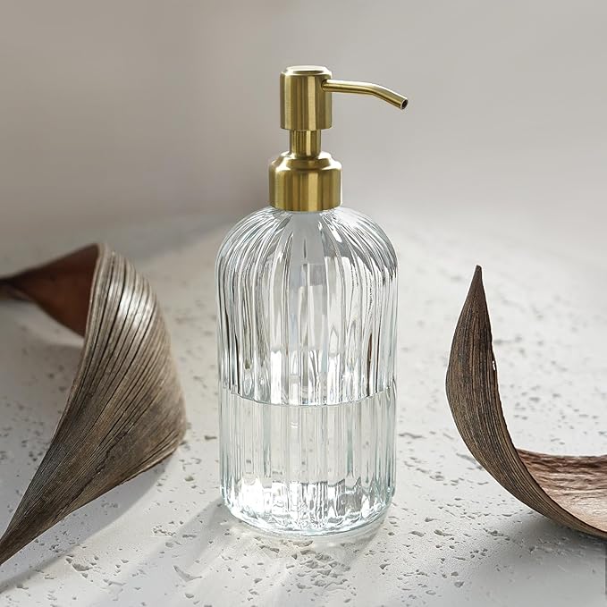 JASAI 18Oz Glass Soap Dispenser with Golden Pump for Kitchen,Refillable Liquid Hand soap Dispenser with Vertical Stripe, Clear Soap Dispenser Bathroom for Hand soap, Dish Soap, Lotion - Image 6