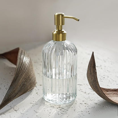 JASAI 18Oz Glass Soap Dispenser with Golden Pump for Kitchen,Refillable Liquid Hand soap Dispenser with Vertical Stripe, Clear Soap Dispenser Bathroom for Hand soap, Dish Soap, Lotion - Image 6