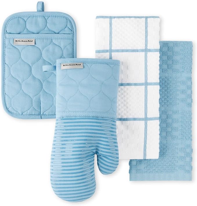 KitchenAid Quilted Cotton Terry Cloth Oven Mitt, Pot Holder, Kitchen Towel 4-Pack Set, Heat Resistant, Silicone Grip, Gift Set, Blue Velvet, 16"x26", 7"x13" & 7"x10" by KitchenAid