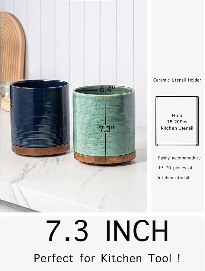 Utensil Holder, 360° Rotating Extra Large Ceramic Kitchen Utensil Holder for Countertop, 7.3“ Cooking Utensil Crocks for Kitchen Counter with Rotatable Wooden Base, Farmhouse Decor, Forest Green - Image 6