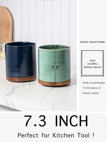 Utensil Holder, 360° Rotating Extra Large Ceramic Kitchen Utensil Holder for Countertop, 7.3“ Cooking Utensil Crocks for Kitchen Counter with Rotatable Wooden Base, Farmhouse Decor, Forest Green - Image 6