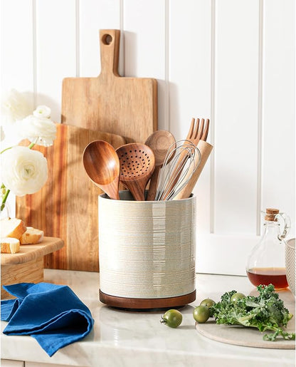 Utensil Holder, 360° Rotating Extra Large Ceramic Kitchen Utensil Holder for Countertop, 7.3" Cooking Utensil Crocks with Rotatable Wooden Base, Farmhouse Decor, Dusty Gray - Image 2
