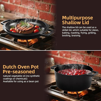 2-in-1 Pre-Seasoned Cast Iron Double Dutch Oven Pot with Skillet Lid & Silicone Sleeves – Raised Rib Skillet Lid– Umite Chef 7QT Cast Iron Skillet Cookware Pan Set wirh Dual Handles – Oven, Grill, Campfire & Stovetop Safe –PFAS-Free - Image 6