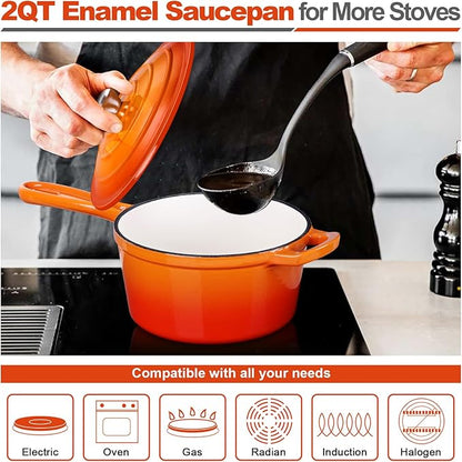 HaSteeL 2 QT Cast Iron Saucepan, Mini Enamel Dutch Oven with Lid, Small Non Stick Pan for Milk, Pasta Tomato Sauce, Butter, Breakfast, Soup, Suitable for Boiling Stewing Frying, Easy to Clean, Orange