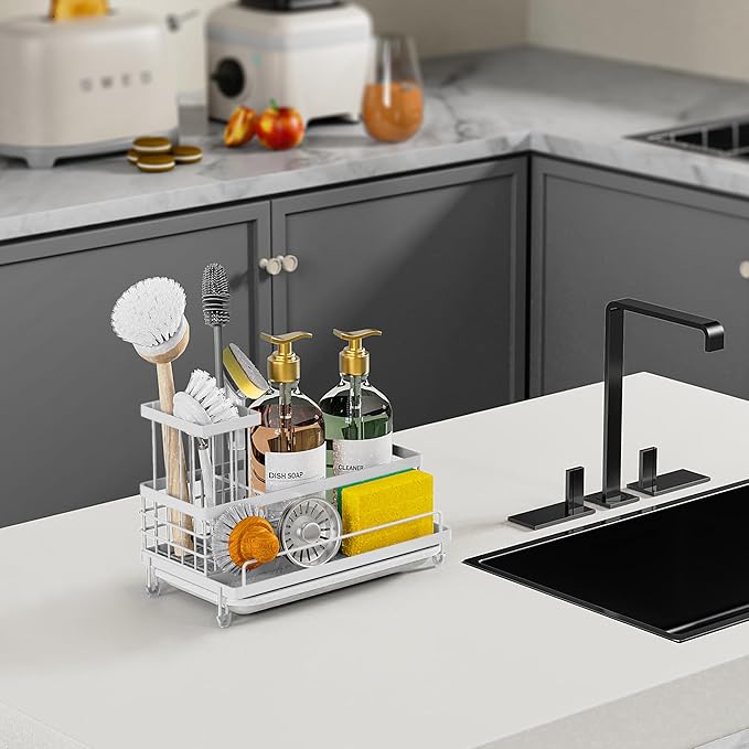 Cisily Stainless Steel Kitchen Sink Caddy Organizer, Sponge Holder for Sink Rustproof, Non-Slip Soap Dish Dispenser Brush Holder Storage, Home & Kitchen Essentials Accessories (White) - Image 5